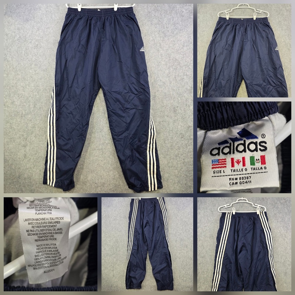 VTG Adidas Pants Mens Large Blue Tearaway 3 Stripe Snap Side Lined Track Warm Up